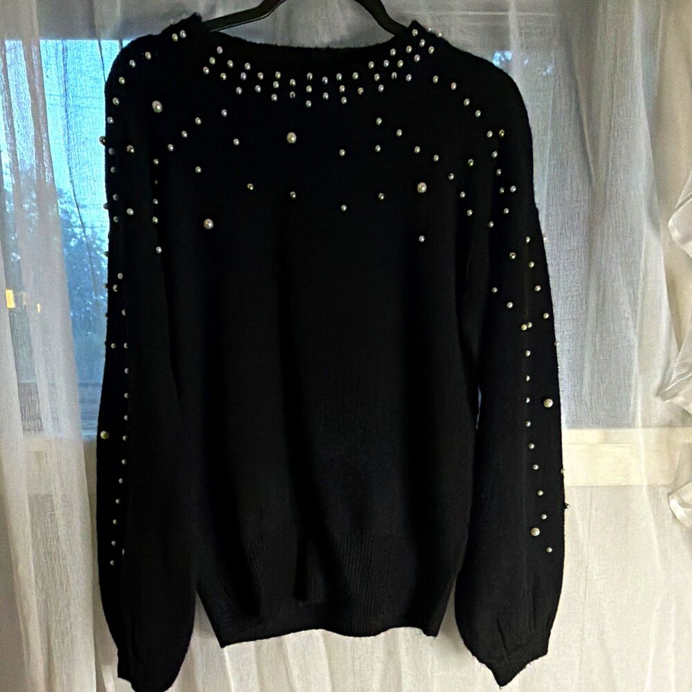 I N C nationBlack Beaded Knit Crew Neck Long Sleeve Pullover Sweater Size S